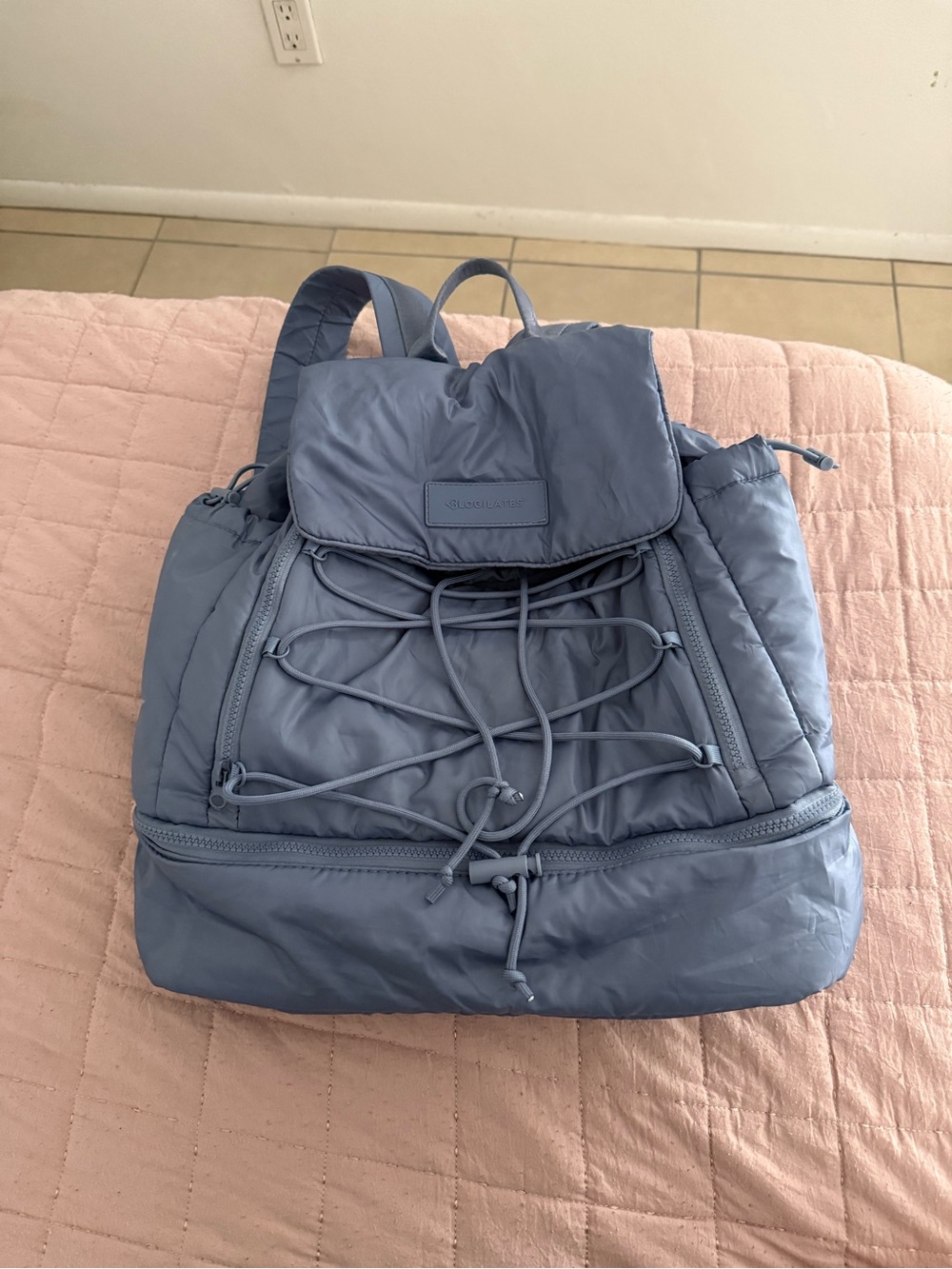 Blue Quilted Nylon Drawstring Backpack